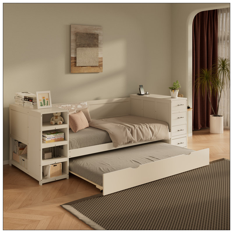 Wooden Daybed, Storage Bed With Multi-Functional Desk And Charging Station For Bedroom, Guest Room