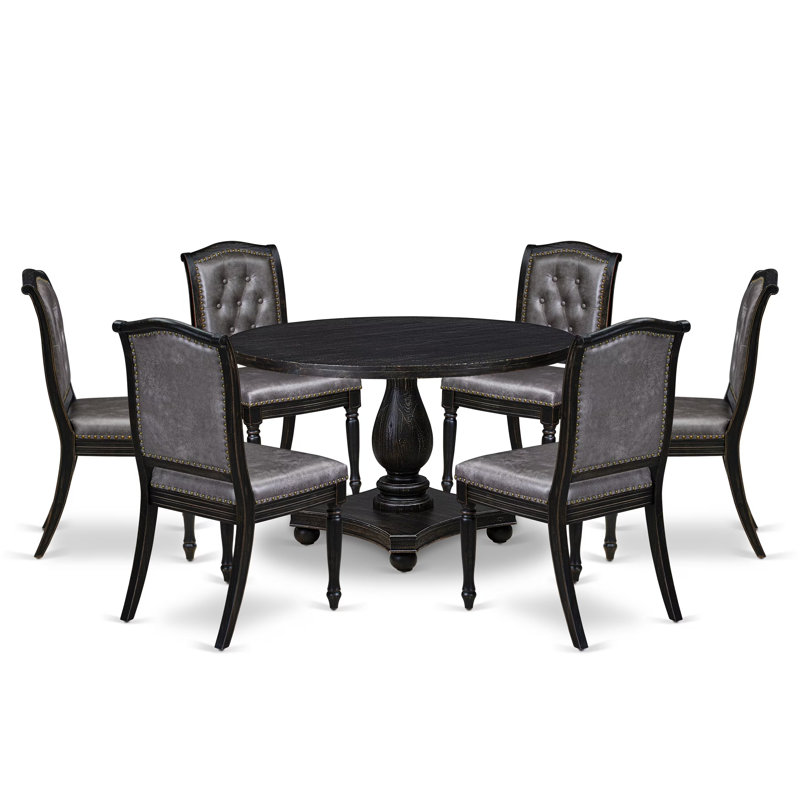 L'ensemble de salle à manger 7 pièces comprend une table ronde de style Mid-Century et 6 chaises en polyester gris foncé avec dossier haut, finition noire sablée.
