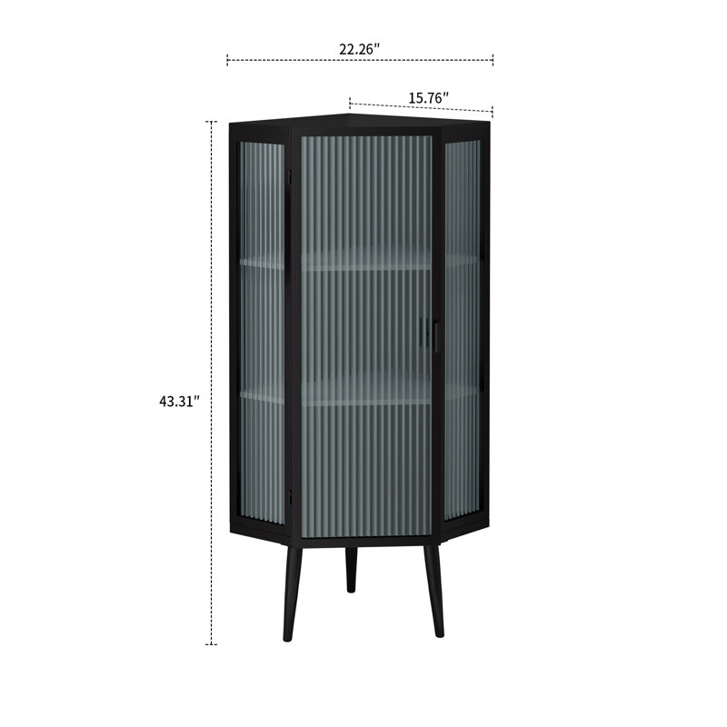 Armoire de rangement moderne en fer avec portes et côtés en verre, Noir mat