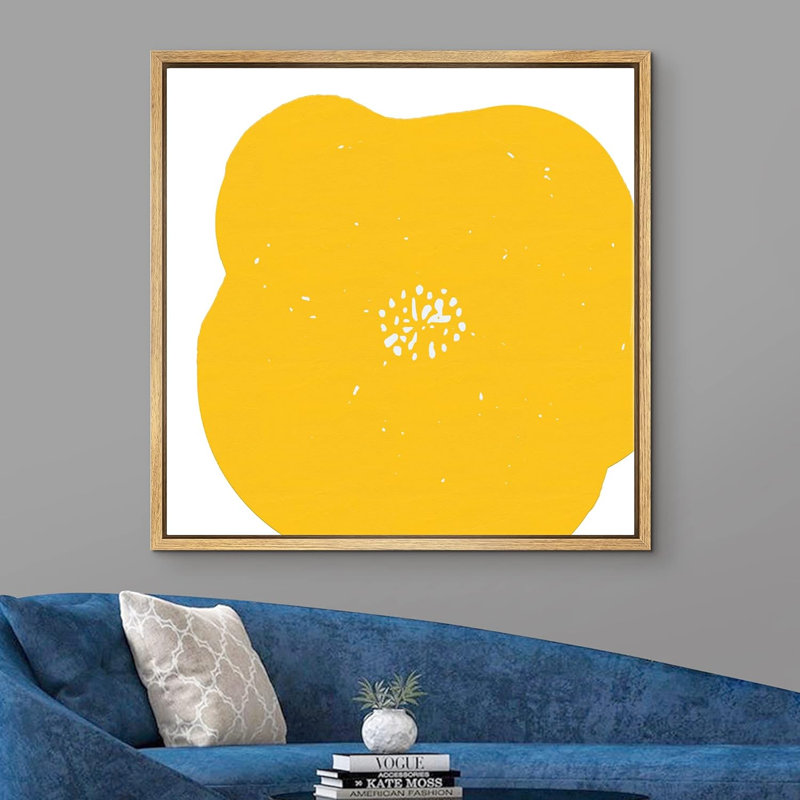 Grande marguerite jaune encadrée sur toile, H 16 po x l 16 po