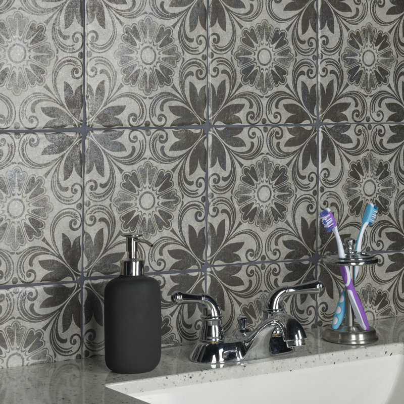 Costa 8" x 8" Ceramic Patterned Wall & Floor Tile, Matte Gray/Brown
