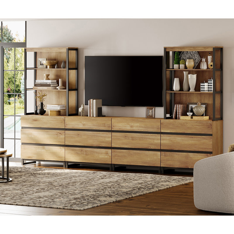 Meuble télé Aadam avec bibliothèque à 3 niveaux, meuble télé avec 12 tiroirs et tablette réglable, console média en bois