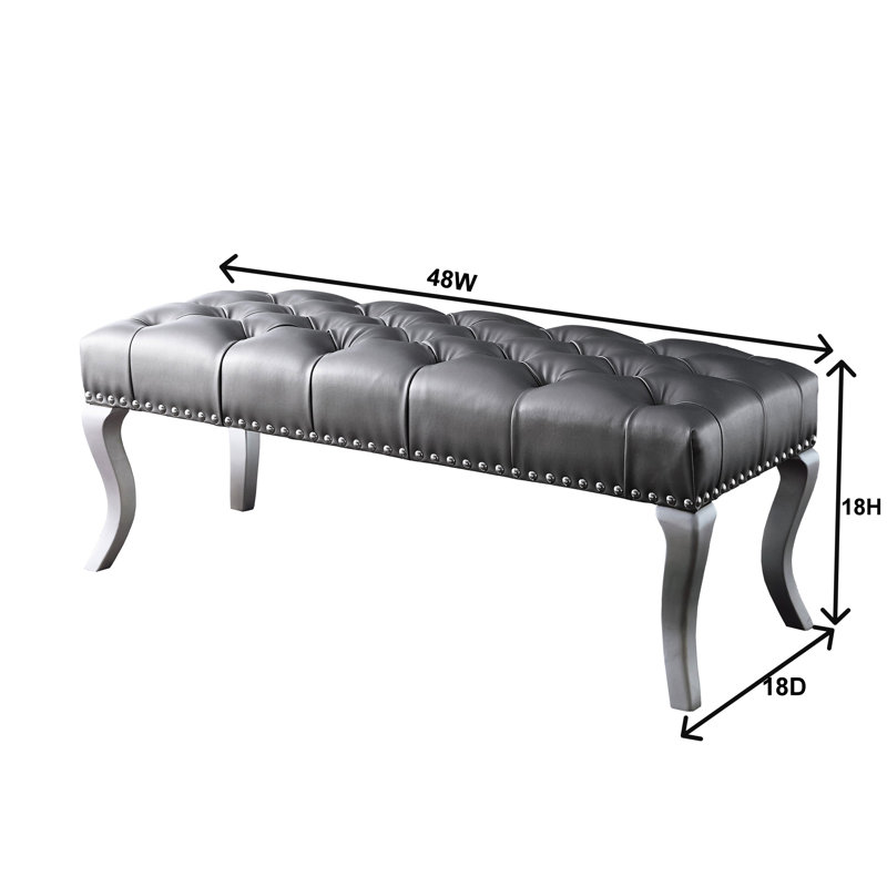 Gray Velvet Upholstered Bench - Luxury Style With Nailhead Trim And Faux Crystal Button Tufting, Solid Wood Legs In Champagne, 48"W X 18"L 18"H Appeal Champagne Finish,