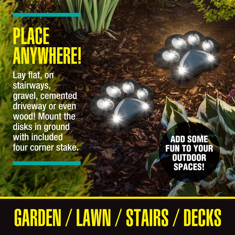 Bell+Howell Solar Powered Paw Print Disk Lights, Wireless Auto On/Off Solar Pathway Garden Lights