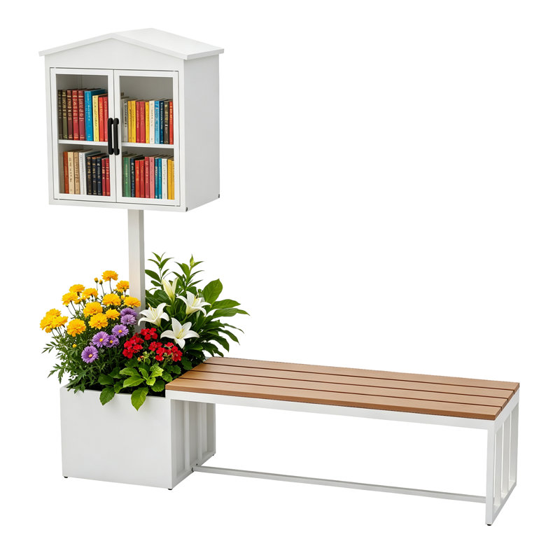 Banc de jardin bibliothèque double porte en métal et PEHD, banc-jardinière avec boîte d'échange de livres, résistant aux intempéries
