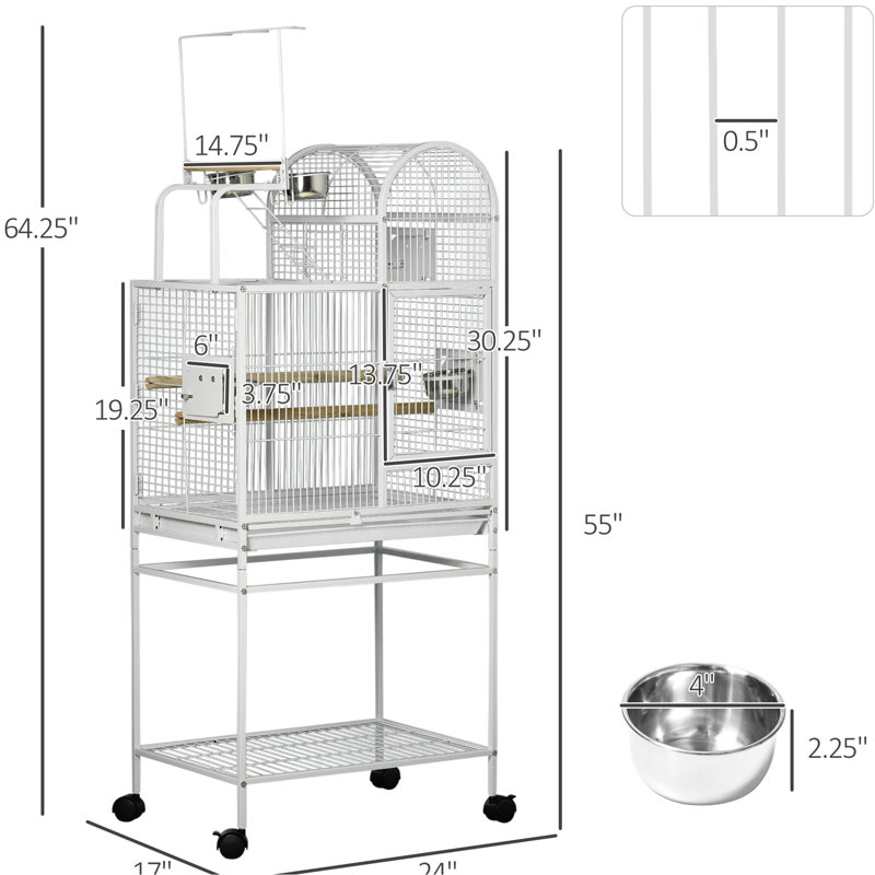 Grande cage à perroquet de 55 po, acier blanc, crochets adhérents, perchoirs, gobelets, support à oiseaux