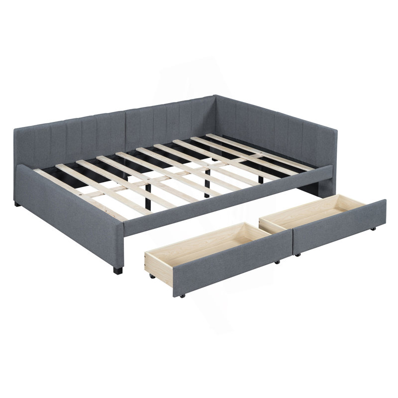Full Size Upholstered Daybed With 2 Storage Drawers, Sofa Bed Frame, Modern Day Bed, Gray