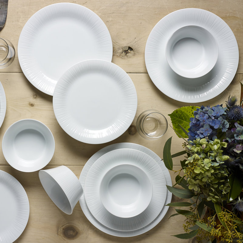 White Porcelain Embossed 24-Piece Dinnerware Set, Service for 6