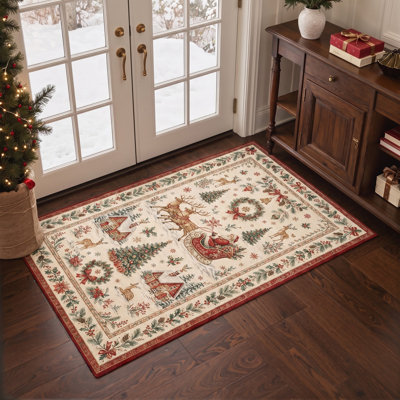 Tapis de salon lavable à poils ras, motif animaux de Noël, traîneau du Père Noël et rennes, ivoire/rouge