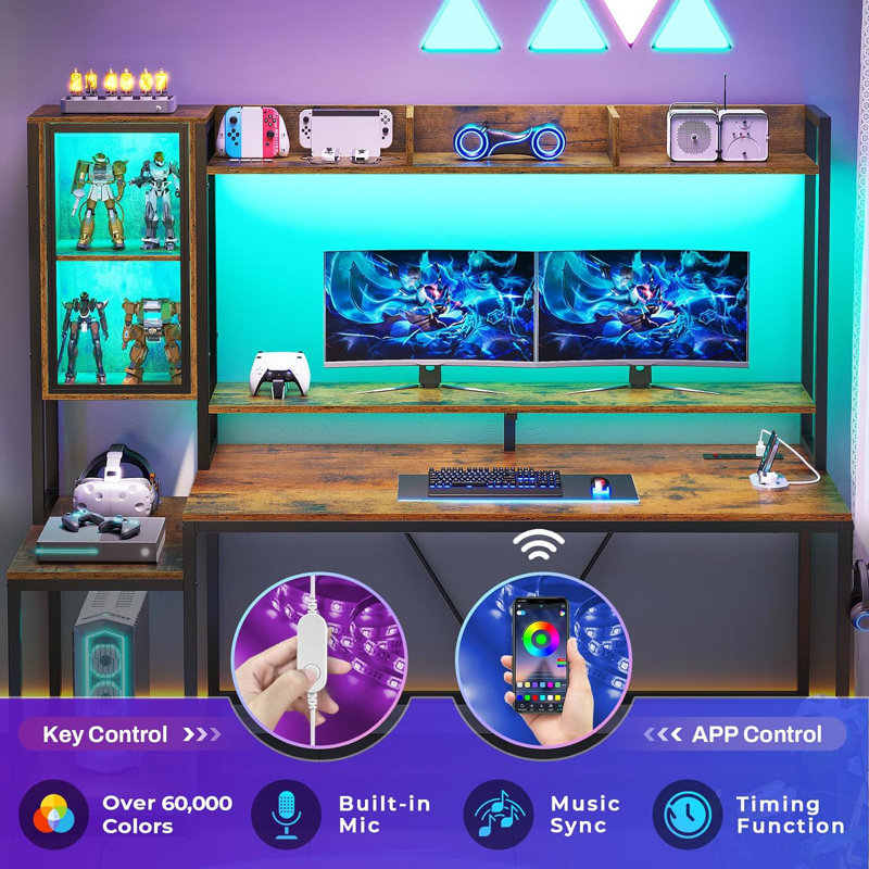 Gaming Desk With Led Lights & Power Outlets, Computer Desk With Hutch, Home Office Desk With Monitor Stand, Display Cabinet, Hooks & Cpu Stand