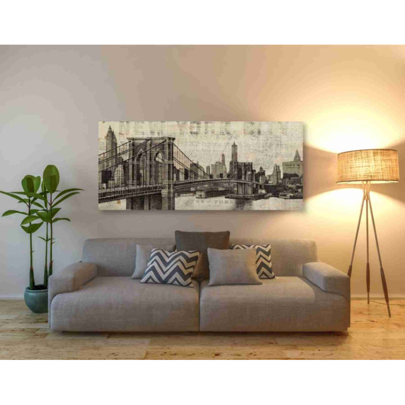 «Vintage NY Brooklyn Bridge Skyline» par Michael Mullan, art mural sur toile, H 30 po x l 60 po x P 1,5 po