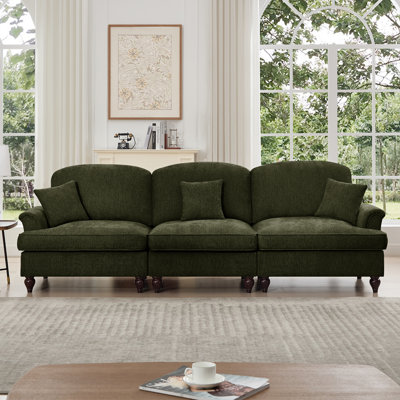 Elegant Mid Century Large 3 Seater Sofa Couch With Flared Arms And Removable Ruffles Pleats Skirts And Spindle Legs, Comfy Chenille Three-seat Sofa For Living Room