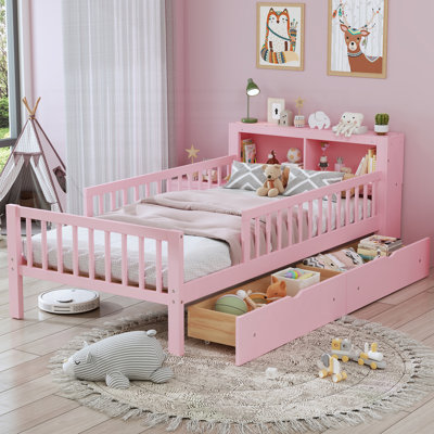 Lit simple avec support de tête de lit, deux tiroirs sous le lit, garde-corps à trois côtés pour la sûreté et la sécurité, rose