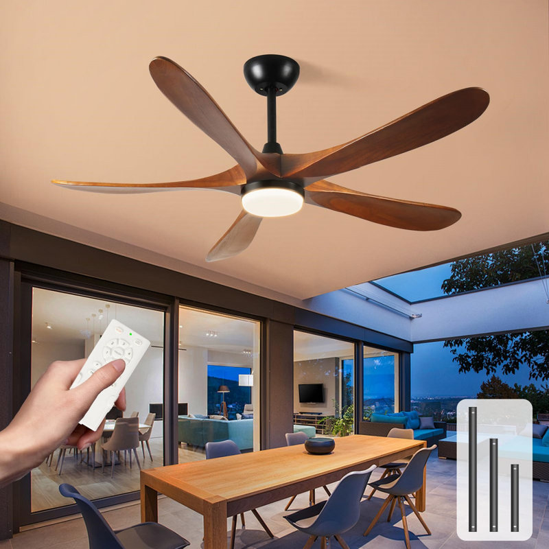 52 Inch Solid Wood Ceiling Fan With LED Light & Remote Control, Indoor/Outdoor 5-Blade Quiet DC Motor For Patio Bedroom Living Room