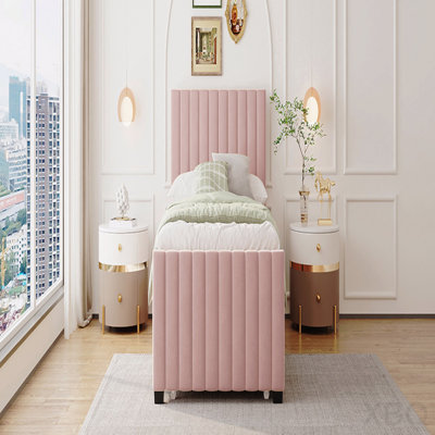 Twin Size Velvet Upholstered Platform Bed With Twin Size Trundle, Pink