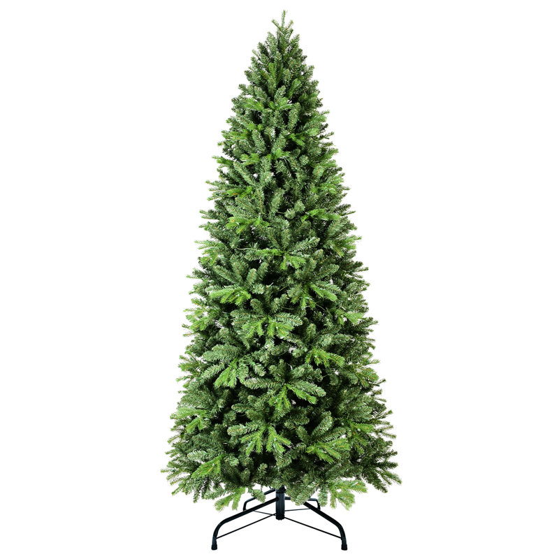 Arbre de Noël 7,5 pi avec 1599 pointes pour tout le corps et 450 blanc chaud, structure mixte à charnières pour une installation rapide, support en métal massif dense et réaliste