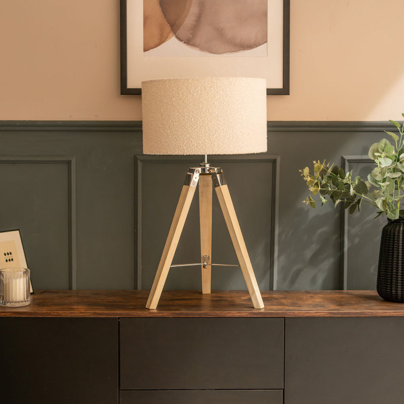Plamond Light Wood Tripod Table Lamp with Cream Boucle Reni Shade and 6W LED GLS Bulb, Yes, Cream