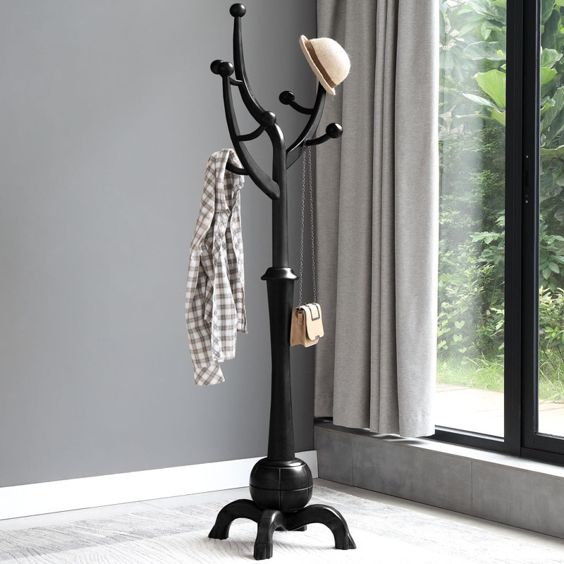 Black Rubber Wood Freestanding Coat Rack with 8 Hooks