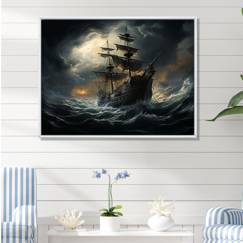 Pirate Ship At Stormy Seas - Art mural encadré pirate, Cadre flottant blanc, H 12 po x l 20 po x P 1 po
