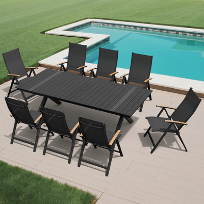 Ensemble repas pour 8 personnes en aluminium avec chaises inclinables pliées et trou pour parasol