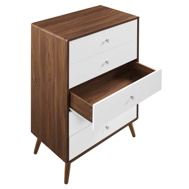 Mid-Century White and Walnut 5-Drawer Dresser with Chrome Pulls