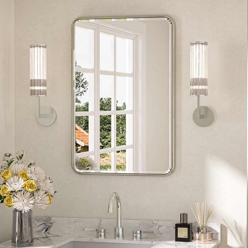 Beveled Bathroom Vanity Mirror with Aluminum Frame, Wall Accent Mirror, Tempered Glass, Brushed Nickel, 30" x 20"