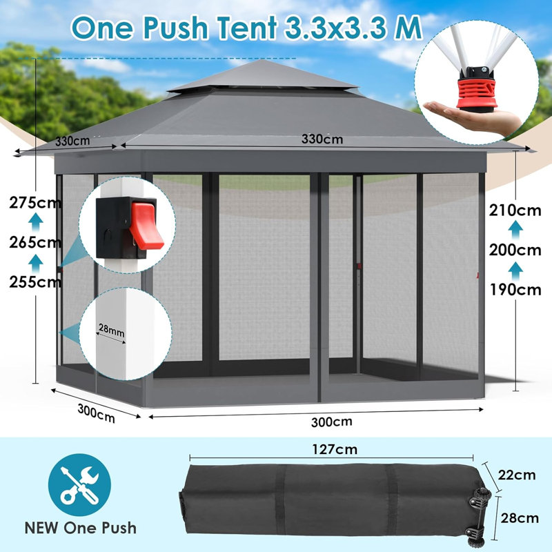 3.3x3.3m New One-Click Top Eave Folding Tent with Mesh Netting, Waterproof Tape, Wheels, and Sandbags - Gray