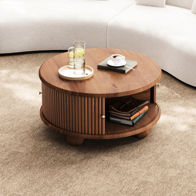 Table basse ronde cannelée de 31,8 po, bois de pin massif, couleur noyer, rangement intégré, porte coulissante lisse pour une table en bois silencieuse avec des espaces de détente intérieurs et design