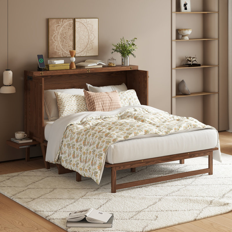 Grand lit escamotable avec port USB et tablettes amovibles de chaque côté, lit escamotable en pin massif pour bureau personnel, chambre d'amis, noyer