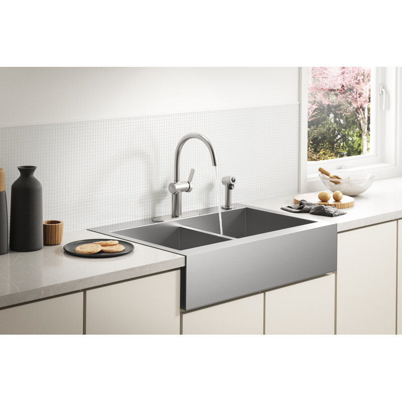 Vault™ 35.75" L x 24.3125" W Double Basins Farmhouse Kitchen Sink, 4 Hole