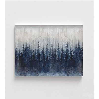 Misty Indigo By Carol Robinson, Deep Blue Forest Shape Tree Line Cabin Decor Idea, Navy Blue Misty Forest Poster, Dark Blue Nature Art