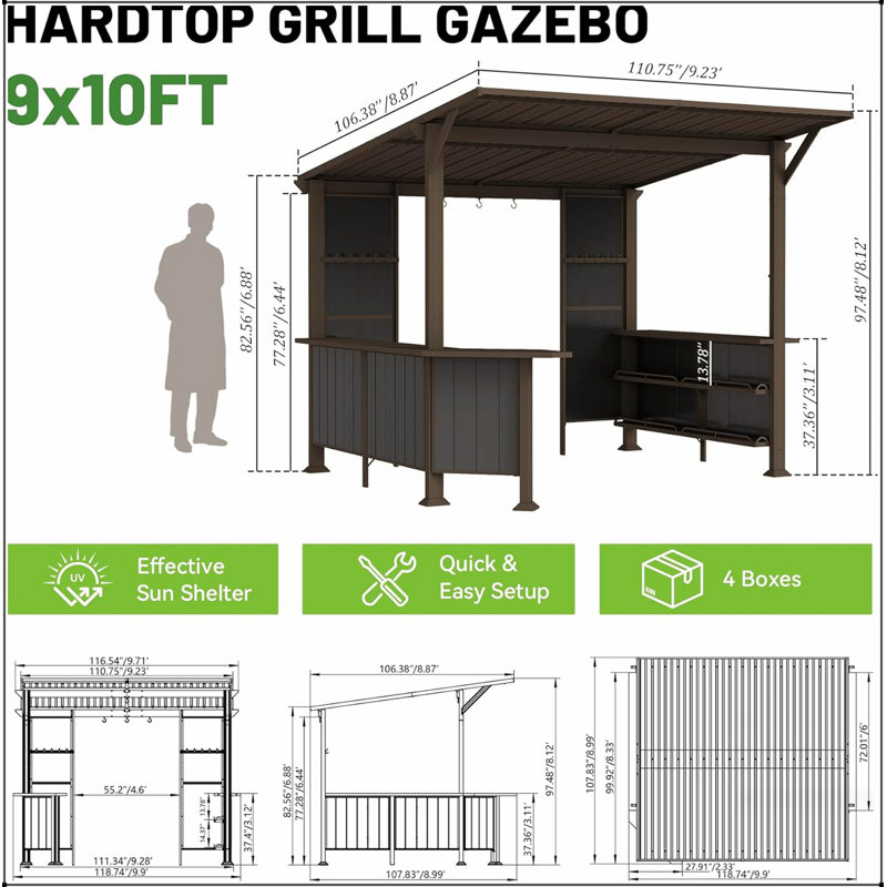 Pavillon de jardin avec toit rigide 9X10FT avec tablettes de rangement et plateforme d'extension, structure en acier galvanisé