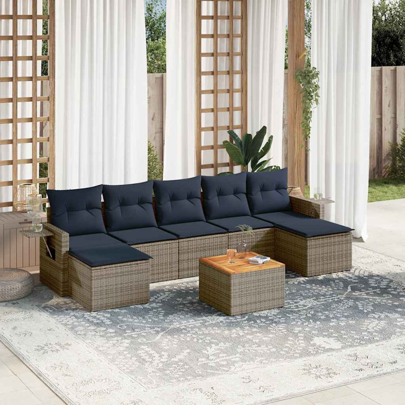 Ensemble de canapé de patio 8 pièces avec coussins en rotin de polyester, Bleu foncé, Gris