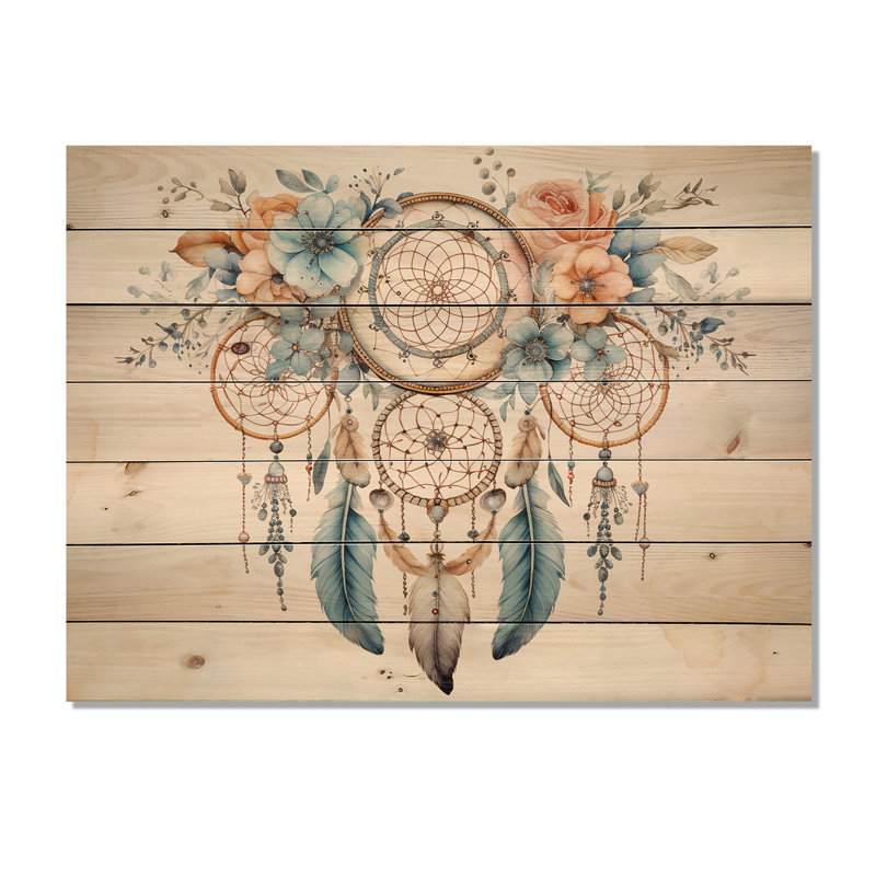 Impression de chuchotement rétro bleu sarcelle Dreamcatcher sur bois naturel, H 24 po x l 32 po x P 0,78 po