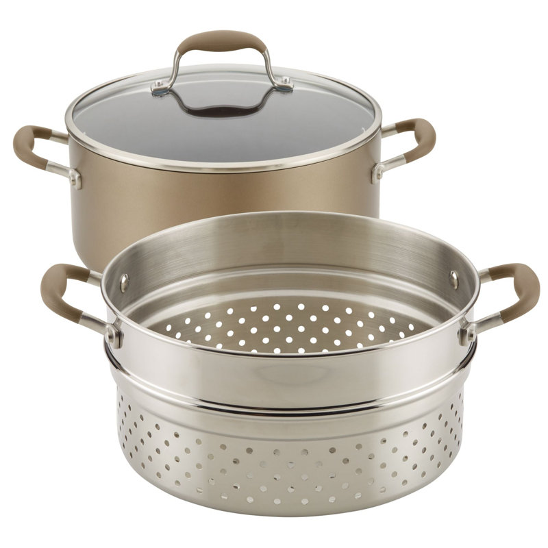 Anolon Advanced Home Hard Anodized Nonstick Wide Stockpot With Steamer Insert Set, 3-Piece,  8.5-Quart, Brown