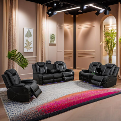 Velora Black Vegan Leather 3-Piece Power Recliner Living Room Sofa Set With LED Lights, Storage Console & USB Charging