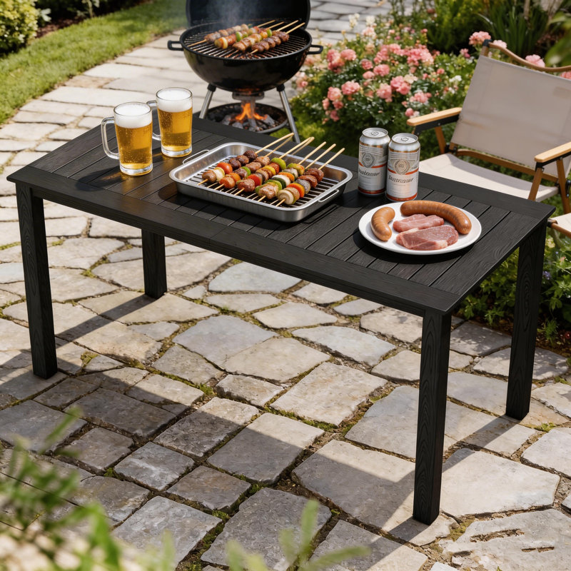 All Weather Rectangular Patio Table With Umbrella Hole And Aluminum Frame - Outdoor Furniture For Outside Backyard/Garden/Pool/Porch/Deck