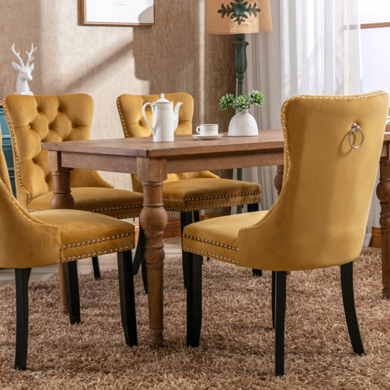 Gold Velvet Wing Back Parsons Side Chair Set with Solid Wood Legs