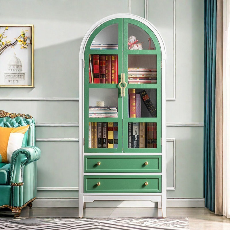Arched Glass Door White Solid Wood Bookcase