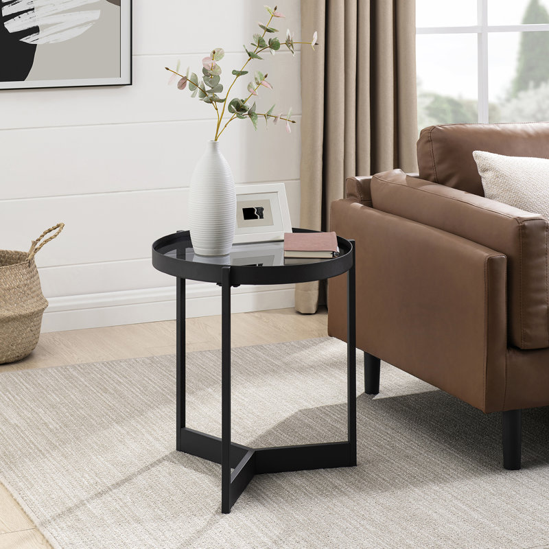 Akay Glass Top End Table, Smoked Glass, Black