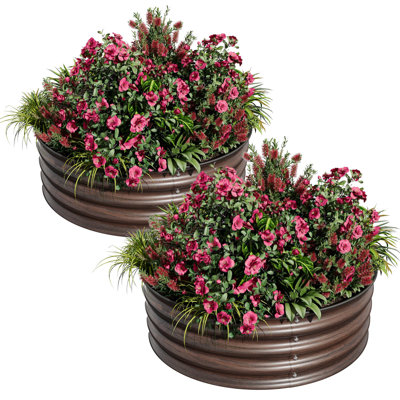 Ensemble de 2 jardinières surélevées rondes en métal galvanisé 2 pi x 1,5 pi, fond ouvert antirouille avec bordure en caoutchouc pour patio