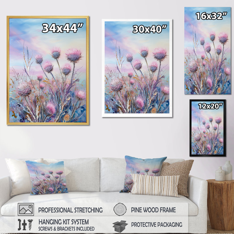 Minimalisme chardon nature fluorescente sur toile, Toile tendue, H 32 po x l 16 po x P 1 po