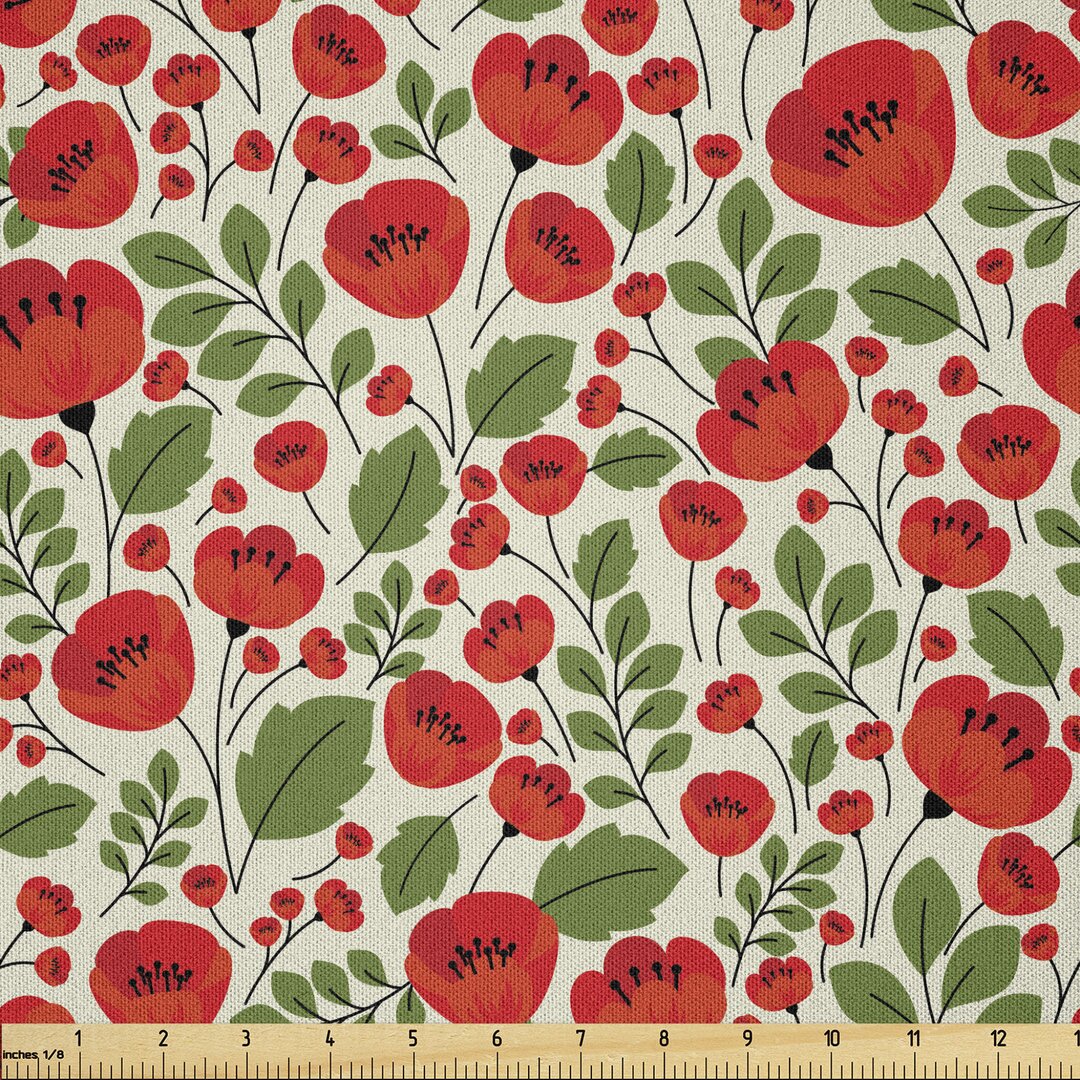 Stoff als Meterware, Natur Retro Arrangement, Mohn, Beige Grün Rot