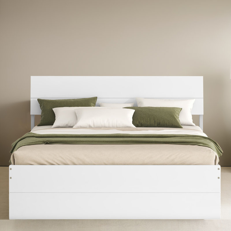 Structure de lit plateforme double avec lit gigogne simple et 2 tiroirs, Blanc