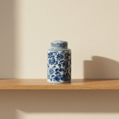 Blue and White Stoneware Decorative Urn
