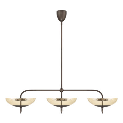Lustre linéaire en bronze forgé 9 lumières avec abat-jour en verre ambré fumé 54 pouces Findlay