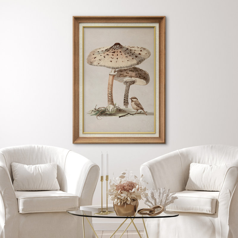 Illustration rétro d'un champignon et d'un oiseau, H 36 po x l 26 po x P 1,5 po, Cadre naturel de qualité supérieure