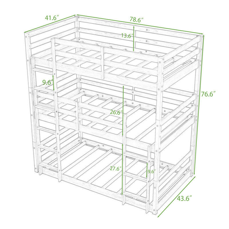 Lit superposé simple au-dessus de simple au-dessus de simple avec conception détachable, échelles intégrées, garde-corps Kaisar
