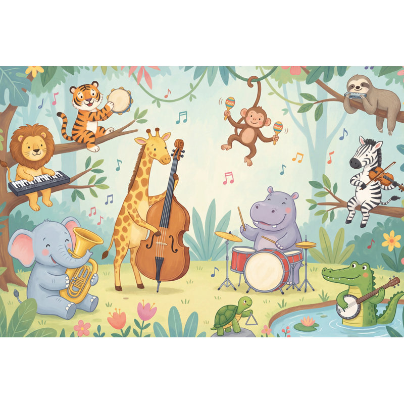 Animals Wallpaper Music Forest Wall Mural, 140"x108", Peler et coller