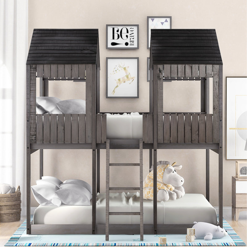 Lit double superposé avec garde-corps et toit en bois pratique, fenêtre, garde-corps, gris antique pour chambre, Gris antique